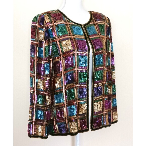 VTG Laurence Kazar Silk Sequin Cocktail Jacket Multicolor Jeweltone Squares M/ L - Picture 2 of 10